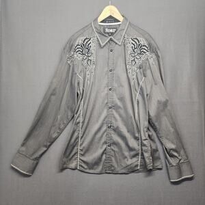 Roar Slim Fit Shirt Mens XL Gray Pinstripe Embroidered Button Up Western Rock